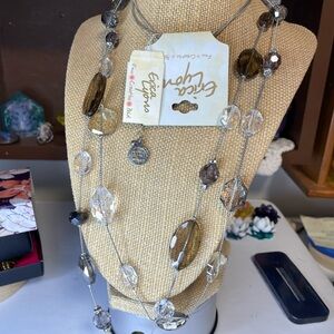 Erica Lyons Layered Brown and Clear Beaded Necklace Neutral Tones